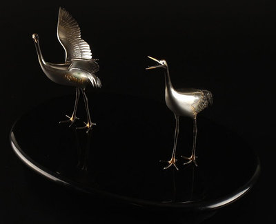 【二手】日本古美術，金工師在銘物《鍍銀銅制雙鶴置物》共箱。12752【如意坊】擺件  老物件 老貨