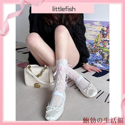 溫馨服裝店[littlefish]春夏 芭蕾風 純欲 少女 蕾絲 豎紋 小腿襪 新款 綢帶 蝴蝶結 鏤空 白色 中筒襪