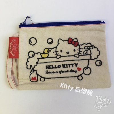 [Kitty 旅遊趣] Hello Kitty 化妝包 扁平化妝包 凱蒂貓 萬用包 收納包 筆袋 帆布扁平包 米色