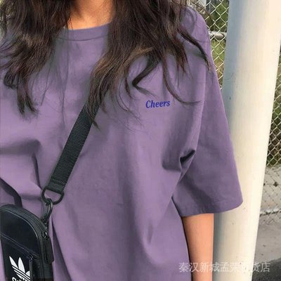 Coco衫-YIMO100%純棉 短袖T恤夏季新款學生韓版寬鬆簡約印花紫色上衣-質量保障