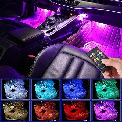 亞馬遜汽車車內LED氛圍燈遙控RGB七彩聲控腳底燈車載裝飾燈條