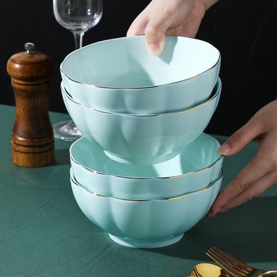金邊青瓷南瓜面碗陶瓷家用泡面碗創意個性輕奢風大碗沙拉碗拉面碗~特價