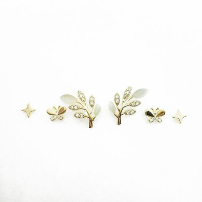 韓國 925純銀 水鑽 星芒 葉子 蝴蝶 一卡六入 耳針式耳環