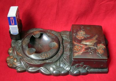 煙灰缸組半浮雕刻香煙盒日本民藝日本古董銅鎏金銅器的松竹梅鳥【心生活美學】