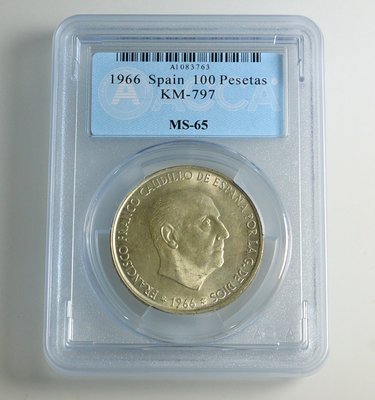 評級幣 1966年 西班牙100 Pesetas 銀幣 鑑定幣 ACCA MS65