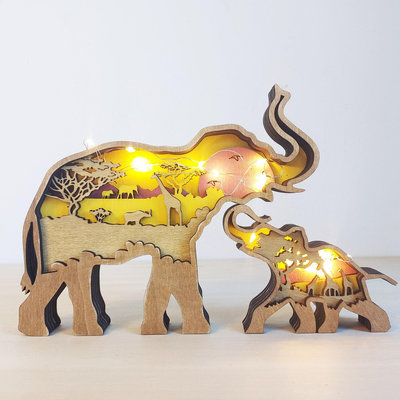 新品北美森林動物家居裝飾木質擺件工藝品創意狼圖騰木制雕刻大象親子現貨