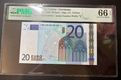 【評級鈔票】歐盟 2002 年 20歐元 EURO 紙鈔一枚(X德國版) PMG66 EPQ 絕版少見~