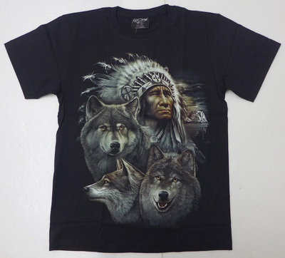 【Mr.17】夜光 印地安人印第安 動物野狼灰狼 進口滾筒無接縫短袖黑色T恤 T-SHIRT (GR661)