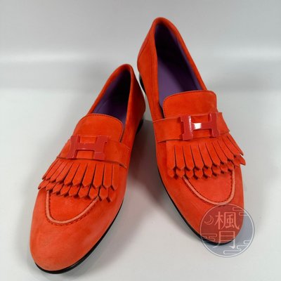 BRAND楓月 HERMES 愛馬仕 橘色麂皮H LOGO鞋 #38 低跟鞋 跟鞋 樂福鞋 休閒鞋 精品鞋
