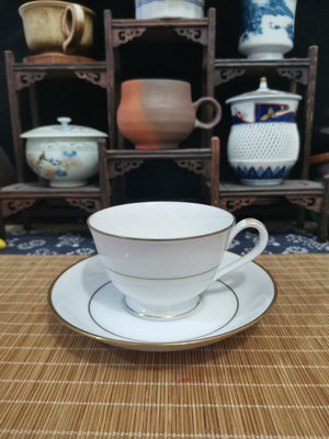 日本三大骨瓷之一則武Noritake咖啡杯，金標則武，純白色