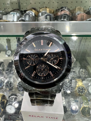 【金台鐘錶】RELAX TIME 炫目耀眼三眼 時尚腕錶 3.8cm 金x黑 (小) R0800-16-21B