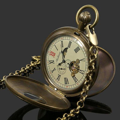懷錶 機械懷錶 翻蓋懷錶 復古男士懷錶 飛輪月相真銅機械懷錶 老式懷舊 手動發條 雙開機械