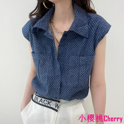 小櫻桃Cherry韓版夏季復古氣質短袖牛仔襯衫上衣女潮 夏季新款洋氣小香風牛仔襯衫女 簡約設計感無袖襯衫女 職業短袖襯衫女