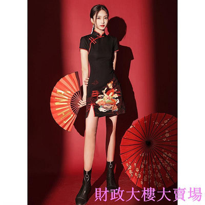 旗袍洋裝改良 法式 中國風洋裝 國潮旗袍2023年新款夏季年輕款少女改良黑色炸街洋裝小個子短版