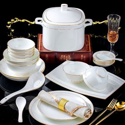 熱銷 碗碟組合套裝家用陶瓷餐具中式金邊碗盤子簡約陶瓷飯碗套裝簡約