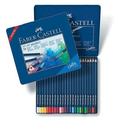 【優力文具】Faber-Castell輝柏 ART-GRIP創意工坊水彩色鉛筆-藍色精緻鐵盒裝24色組(114224)