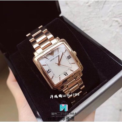 【二手】ARMANI 阿曼尼 正方形白色珍珠貝母羅馬錶盤 玫瑰金不鏽鋼錶帶 時尚氣質石英手錶 AR11177