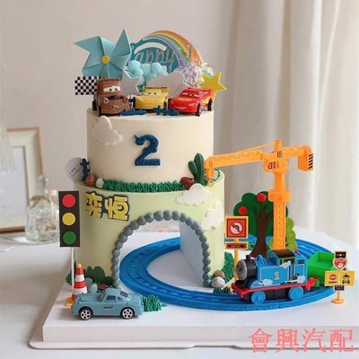鑽山洞小火車蛋糕裝飾擺件電動軌道火車汽車男孩生日蛋糕插牌插件