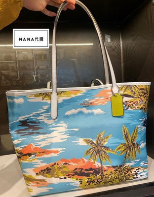 NaNa代購 COACH CJ599 新款夏日椰樹印花女士托特包 內置拉鏈隔層 媽咪包 女士斜背包 附購證