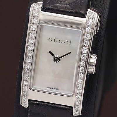 ☆ Gucci  QZ 8600L  貝母鑽圈皮帶錶(保 證 真 品) ☆