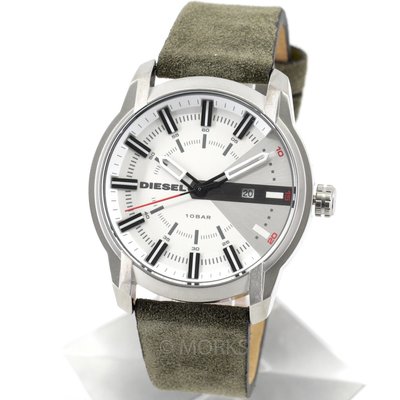 現貨 可自取 DIESEL DZ1781 手錶 45mm ARMBAR 日期視窗 白色面盤 橄欖綠色皮錶帶 男錶女錶