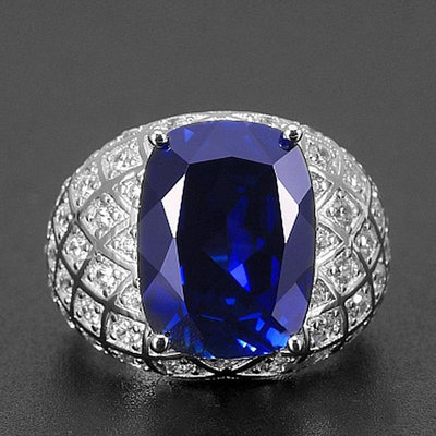 潮男 藍色戒指 滿鑽群鑲鋯石深藍坦桑石戒指