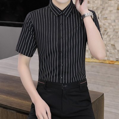 夏季薄款條紋翻領襯衫男士 韓版修身青年時尚打底襯衣潮