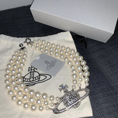 ALIN飾品商店Westwood Vivienne 三層珍珠鑽石土星項鍊復古鎖骨鏈