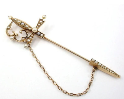 維多利亞時期14k金野生珍珠配件胸針