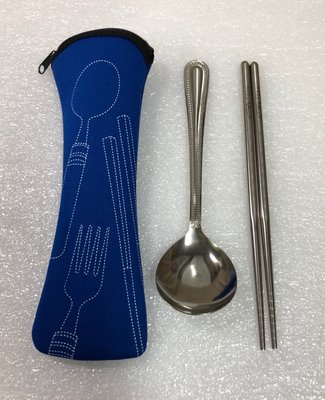 股東會紀念品 藍色 不鏽鋼 餐具組 筷子 湯匙 #12