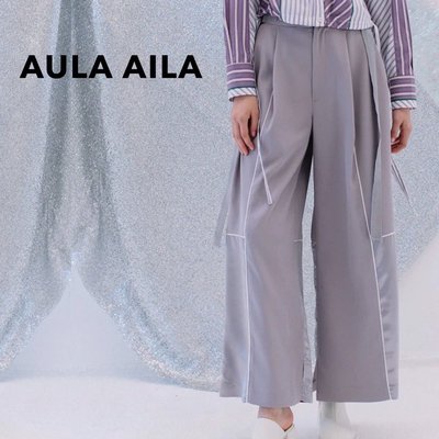 SHINY SPO 獨家代理日本設計師品牌AULA AILA 造型腰部扣環異材質拼接緞面西裝寬褲 紫