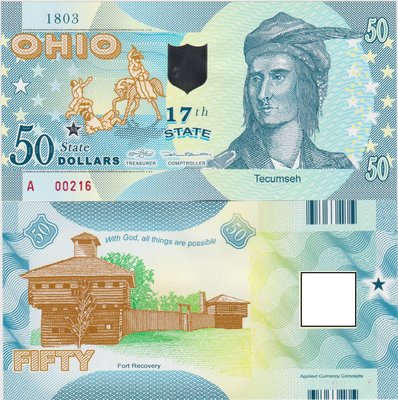 萬福古錢幣收藏家（可議價）全新2016年 美國 50 俄亥俄州 塑料鈔 第十七州 特庫姆塞