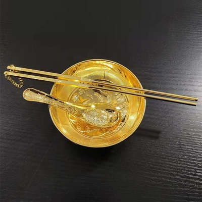 越南沙金百福金碗筷三件套金筷子飯碗裝飾品擺件金色家~特價