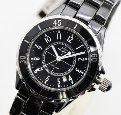 全新 瑞士TECHNOS T9697TB  黑色陶瓷石英錶 J12