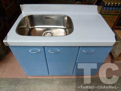 流理台【100公分洗台-左水槽】台面&amp;櫃體不鏽鋼 藍色門板 最新款流理臺