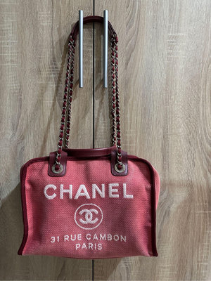 CHANEL 香奈兒 粉色沙灘包 手提包 肩背包 鍊帶包 帆布包 購物包