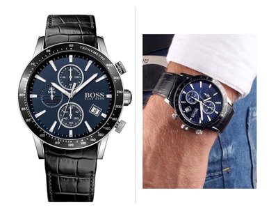 HUGO BOSS Rafale 藍色面錶盤 黑色皮革錶帶 石英 三眼計時 男士手錶 1513391