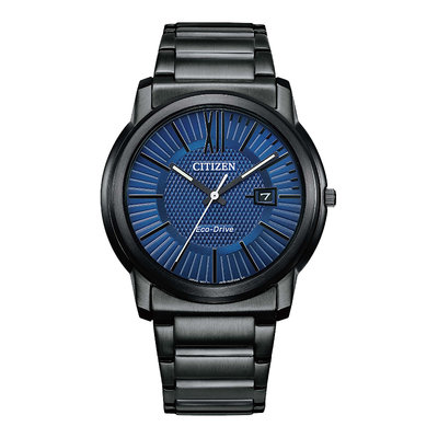 【台南 時代鐘錶 CITIZEN】星辰 AW1217-83L 羅馬字 鋼錶帶 日期顯示 光動能男錶 藍/黑 42mm