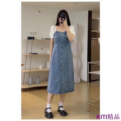 KITI精品【上新啦~】S~4XL~ 180斤可穿 夏季胖mm大尺碼女裝新款復古方領拼接牛仔長裙女 大尺碼洋裝 大尺碼 中大尺