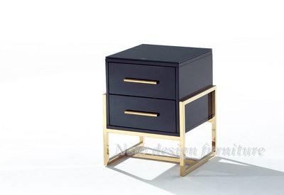 【N D Furniture】台南在地家具-奢華感金色五金腳座MDF烤漆黑色雙抽床邊櫃YQ