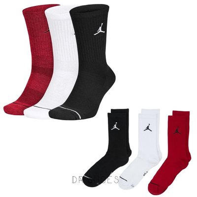 【Dr.Shoes】NIKE JORDAN EVERYDAY DRY 黑白紅 三雙一組 中筒襪 長襪DX9632-902