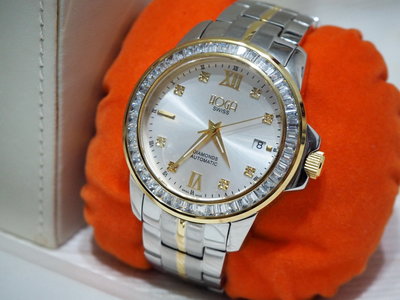 瑞士 HOGA 半金正裝紳士機械腕錶, 25石鑲鑽, 近全新, 附電動上鍊錶盒.