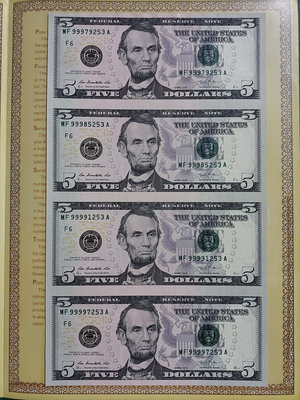 WC34 美國2013年5美元4連體鈔  帶冊子 豹子頭999  全新無折 外鈔  外國鈔票