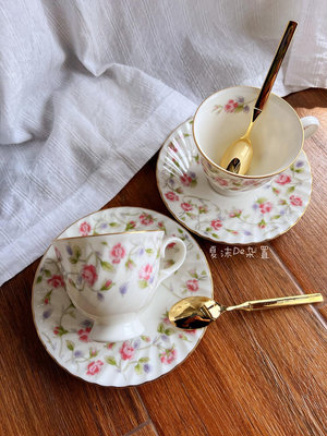 日本中古 Hoya豪雅骨瓷彩繪玫瑰花帶勺子咖啡杯/紅茶杯4595