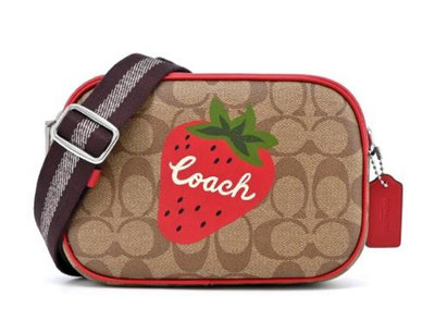 全新 COACH Jamie 大草莓印花相機包-迷你卡其X紅/斜背包