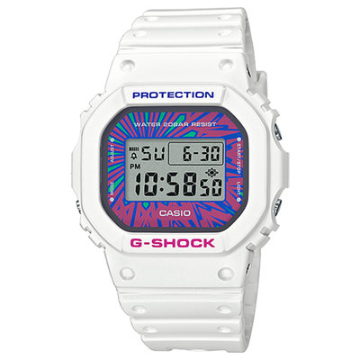 【CASIO G-SHOCK】(公司貨) DW-5600DN-7 錶面採用白色為基底，以繽紛迷幻色調裝飾。整體造型時尚