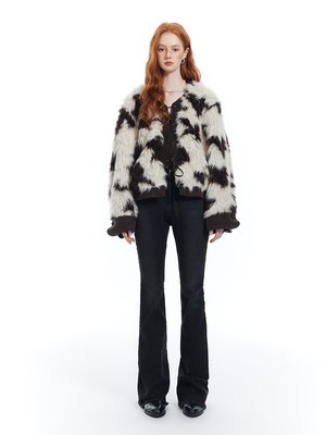 歡歡：現貨Les Fortes/22AW 原創棕色奶牛紋毛絨拼皮外套系帶設計高級感夾克