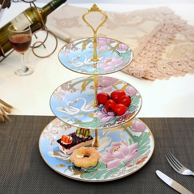 熱銷 歐式陶瓷水果盤客廳創意現代家用下午茶點心架玻璃蛋糕三層托盤子yi