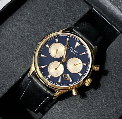 MOVADO Heritage 藍色錶盤 黑色皮革錶帶 石英 三眼計時 男士手錶 3650006