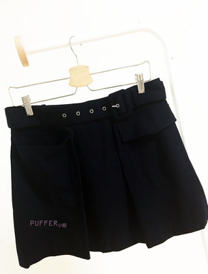 Puffer小姐~~ ESPRIT 全新 黑色 細 格紋 藍 線條 寬 百褶 造型 細節 低調 附腰帶 短裙
